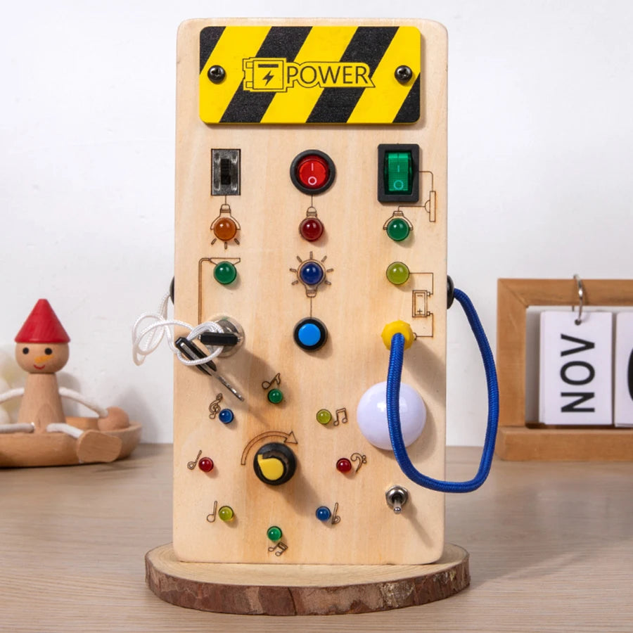 Montessori Busy Board Sensory Toys Wooden with LED Light Switch Control Board Travel Activities Children Games for 2-4 Years Old